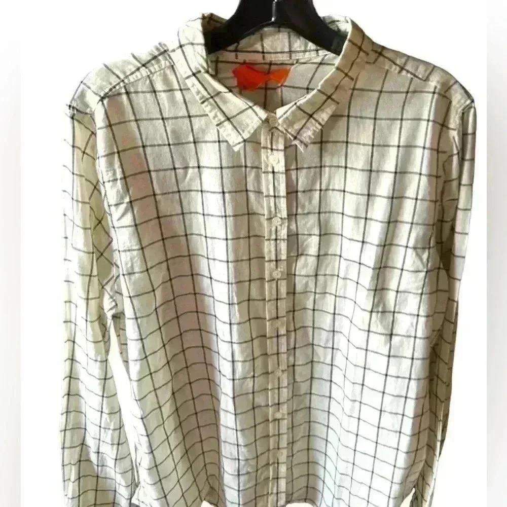 Joe Fresh xl lightweight ivory/navy blue plaid cotton button down shirt. NWT.